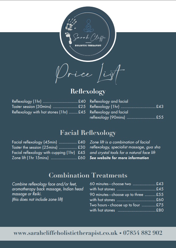 Price list featuring Reflexology, Zone lift and facial reflexology and Indian head