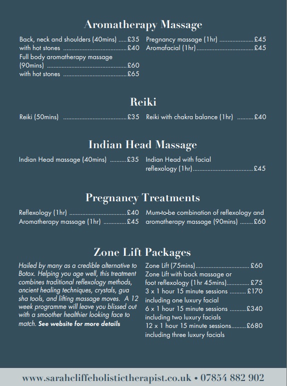 Price list featuring Aromatherapy, Reiki and combinations of various therapies